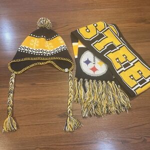 Pittsburgh Steelers Winter Hat Scarf Set NFL Ear Flap Beanie Logo 47 Brand Knit